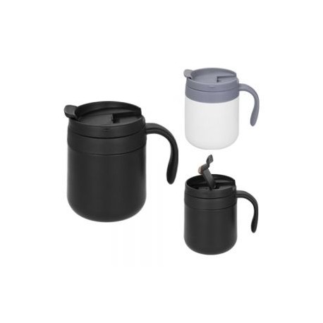 Taza con doble pared de acero inoxidable, con base de silicón, asa de plástico y tapa de cierre a presión con válvula de seguri