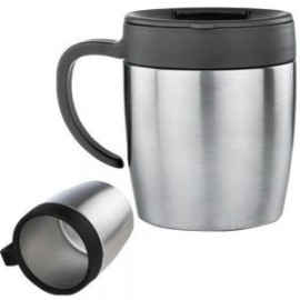 Taza térmica con doble pared de acero inoxidable, tapa enroscable, asa de plástico y válvula de seguridad.