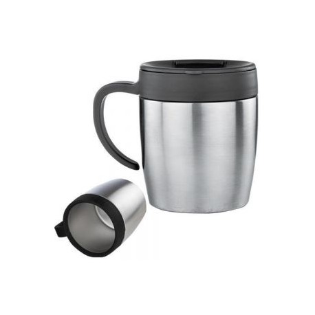 Taza térmica con doble pared de acero inoxidable, tapa enroscable, asa de plástico y válvula de seguridad.