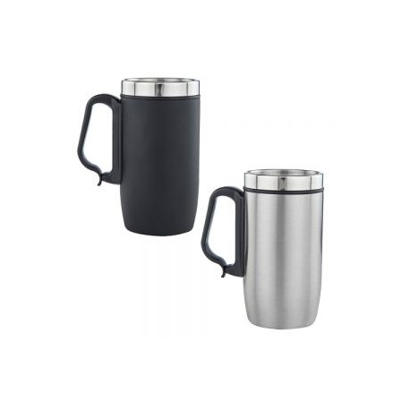 Taza térmica con doble pared de acero inoxidable y asa de plástico.