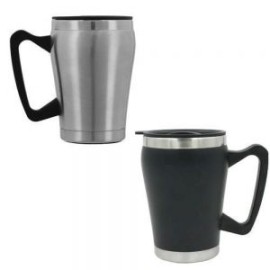Taza térmica con doble pared de acero inoxidable y asa de plástico.
