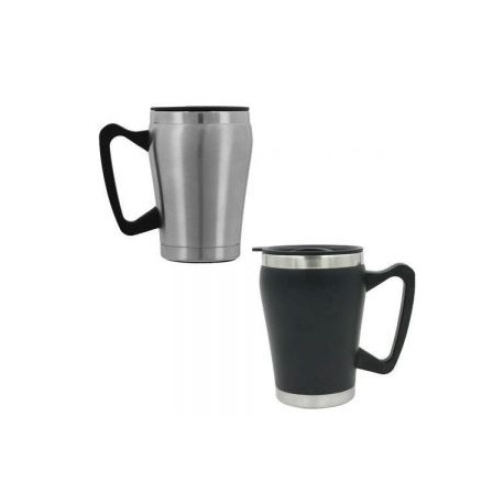 Taza térmica con doble pared de acero inoxidable y asa de plástico.