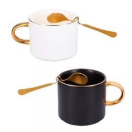 Taza de cerámica con cuchara de acero inoxidable para sujeción en el borde.