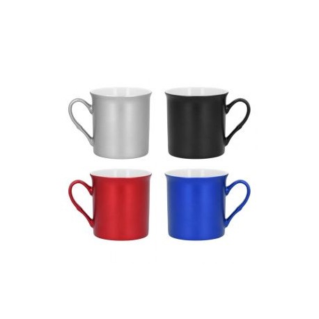 Taza de cerámica con asa y acabado metalizado.