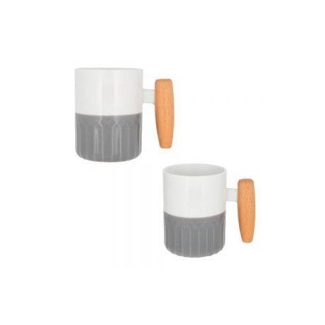 Taza de cerámica acabado brilloso con asa de madera.