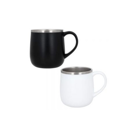 Taza con doble pared interior de acero inoxidable y exterior de plástico con asa.