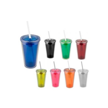 Vaso de doble pared de plástico con popote incluido.