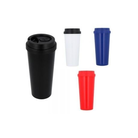 Termo de plástico con doble pared y tapa enroscable con seguro deslizable.