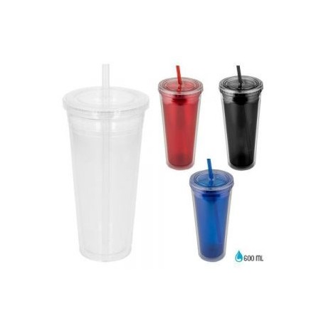Vaso de doble pared de plástico con popote incluido.
