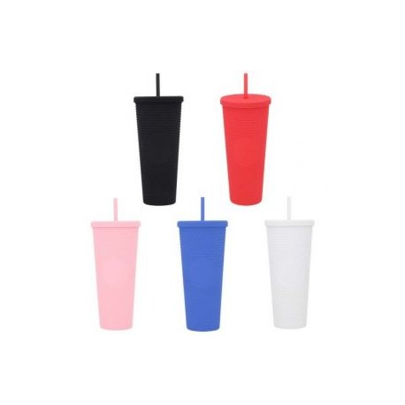 Vaso con doble pared de plástico, textura, tapa enroscable y popote incluido.