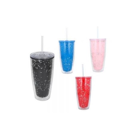 Vaso con doble pared de plástico, tapa enroscable y popote.