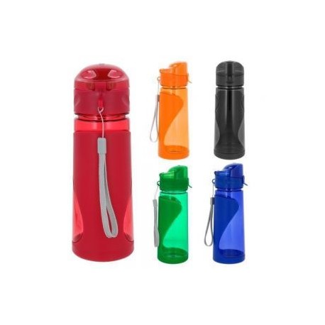 Cilindro de plástico con tapa, manga y cordón.