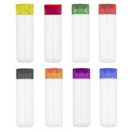 Cilindro de plástico con tapa enroscable de color y cuerpo traslúcido. El envío de este material se hace por separado de base y