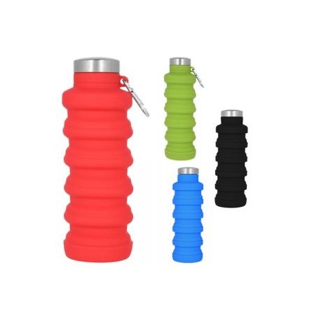 Cilindro de silicón tipo acordeón que se extiende y se contrae, con tapa metálica enroscable y arnés. Incluye bolsa y caja indi