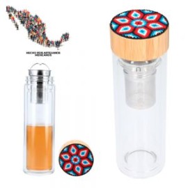 Termo con doble pared de vidrio, infusor de metal y tapa enroscable de bambú. EDICIÓN HUICHOL.