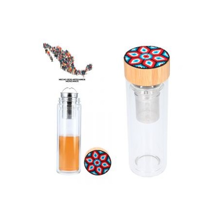 Termo con doble pared de vidrio, infusor de metal y tapa enroscable de bambú. EDICIÓN HUICHOL.