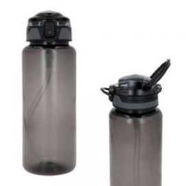 Cilindro de plástico con tapa enroscable, broche de seguridad, popote retractil y asa.