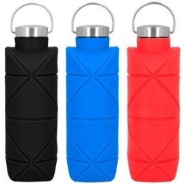 Cilindro de silicón que se extiende y contrae, con tapa metálica enroscable y asa.