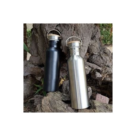 Cilindro de acero inoxidable con detalle de bambú en tapa.