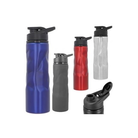 Cilindro metálico de acero inoxidable con asa de plástico.