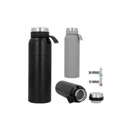 Termo con doble pared de acero inoxidable, tapa metálica enroscable, base y asa de silicón.