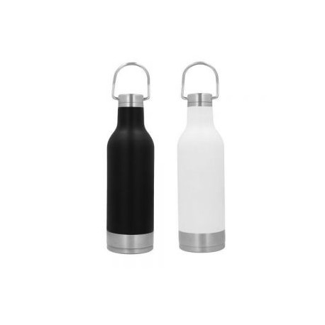 Termo con doble pared de acero inoxidable, tapa con asa metálica enroscable y base de metal.