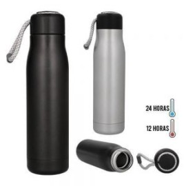 Termo con doble pared de acero inoxidable, con tapa enroscable plástica y correa de poliéster.