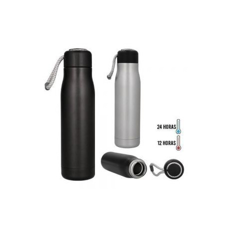 Termo con doble pared de acero inoxidable, con tapa enroscable plástica y correa de poliéster.