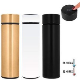 Termo con doble pared de acero inoxidable con termómetro digital que mide la temperatura de tu bebida, colador metálico y tapa 