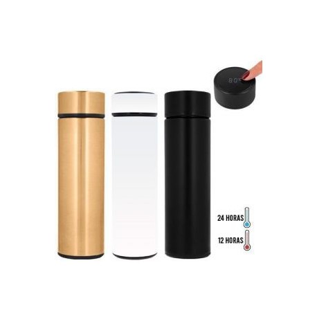Termo con doble pared de acero inoxidable con termómetro digital que mide la temperatura de tu bebida, colador metálico y tapa 