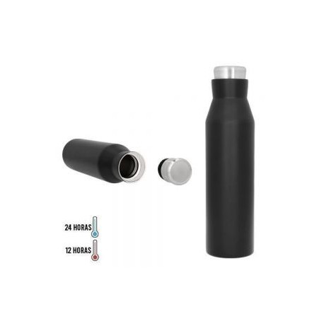 Termo con doble pared de acero inoxidable y tapa metálica enroscable.