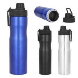 Cilindro de acero inoxidable con sujetador, tapa con cintillo de silicón y boquilla enroscable de plástico.