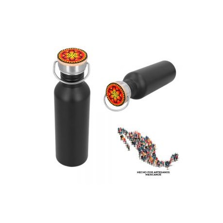 Cilindro de acero inoxidable con detalle de bambú en tapa. EDICIÓN HUICHOL.