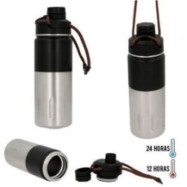 Termo insulado al vacío con doble pared de acero inoxidable. Incluye tapa y boquilla enroscables, además de una cuerda para mej