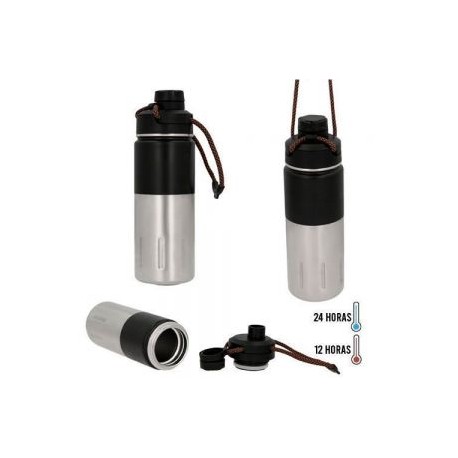 Termo insulado al vacío con doble pared de acero inoxidable. Incluye tapa y boquilla enroscables, además de una cuerda para mej
