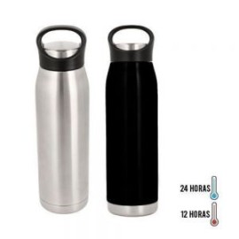 Termo de acero inoxidable con doble pared insulado al vacío con agarradera en la tapa.