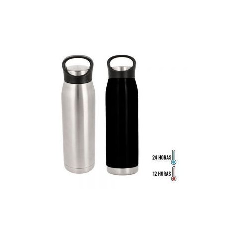 Termo de acero inoxidable con doble pared insulado al vacío con agarradera en la tapa.