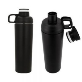 Termo de acero inoxidable con doble pared insulado al vacío, su tapa cuenta con una agarradera lateral y boquilla enroscable de