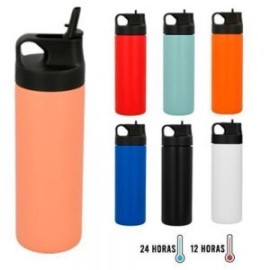 Termo de acero inoxidable de doble pared insulado al vacío con acabado rugoso, su tapa enroscable cuenta con una agarradera, bo