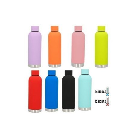 Termo de acero inoxidable de doble pared insulado al vacío con acabado rubber y tapa enroscable.