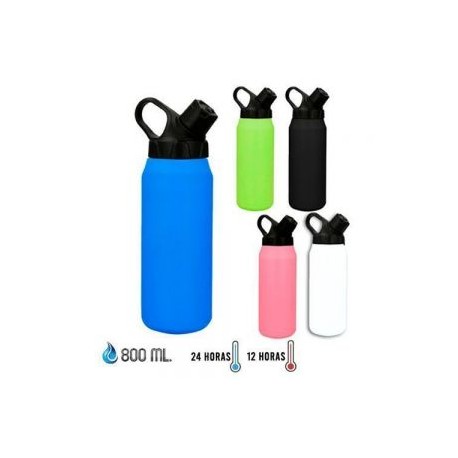 Termo insulado al vacío con doble pared de acero inoxidable y acabado rugoso. Incluye tapa enroscable con boquilla y asa en la 