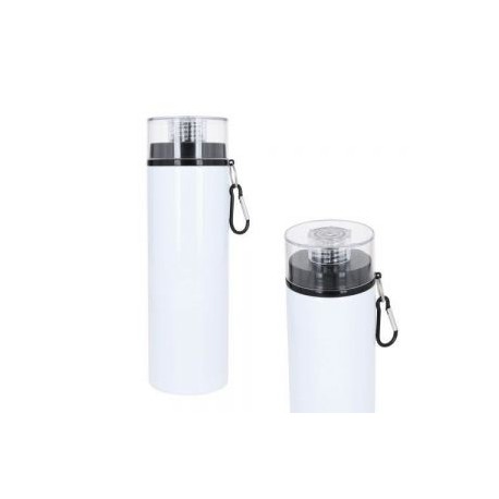Cilindro de acero inoxidable sublimable con boquilla y tapa enroscable. Incluye gancho metálico.