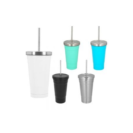 Termo con doble pared de acero inoxidable y tapa enroscable. Incluye popote metálico.