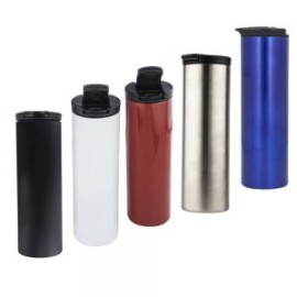 Termo con doble pared de acero inoxidable, tapa hermética enroscable y botón para evitar derrames.