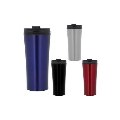 Termo de doble pared con interior de plástico, tapa enroscable y válvula de seguridad.