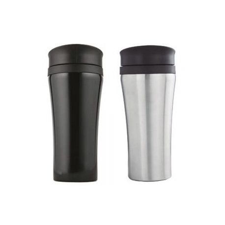 Termo con doble pared de acero inoxidable, tapa hermética enroscable y botón de seguridad para evitar derrames.