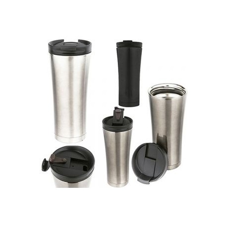 Termo de acero inoxidable con doble pared, cuenta con boquilla de seguridad.