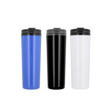 Termo de plástico con doble pared, tapa enroscable y válvula de seguridad.