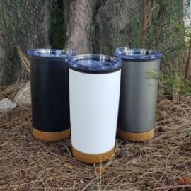 Termo con doble pared de acero inoxidable e interior de plástico, base de corcho, tapa traslúcida a presión con seguro deslizab