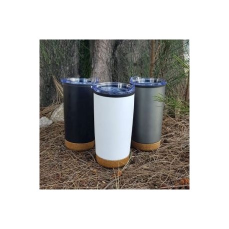 Termo con doble pared de acero inoxidable e interior de plástico, base de corcho, tapa traslúcida a presión con seguro deslizab